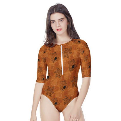Sea Shell Ocean Design in Orange Women's Long Sleeve One Piece Swimsuit